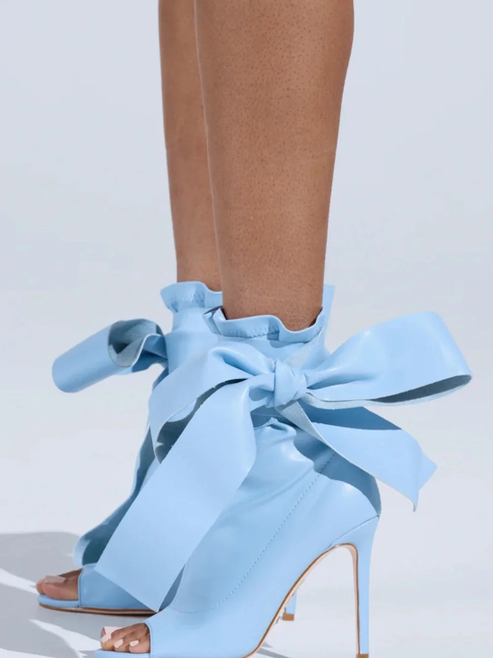 Faux Leather Bow Ankle Bootie in Light Blue - Women's Heeled Shoe - Picture 2 of 2